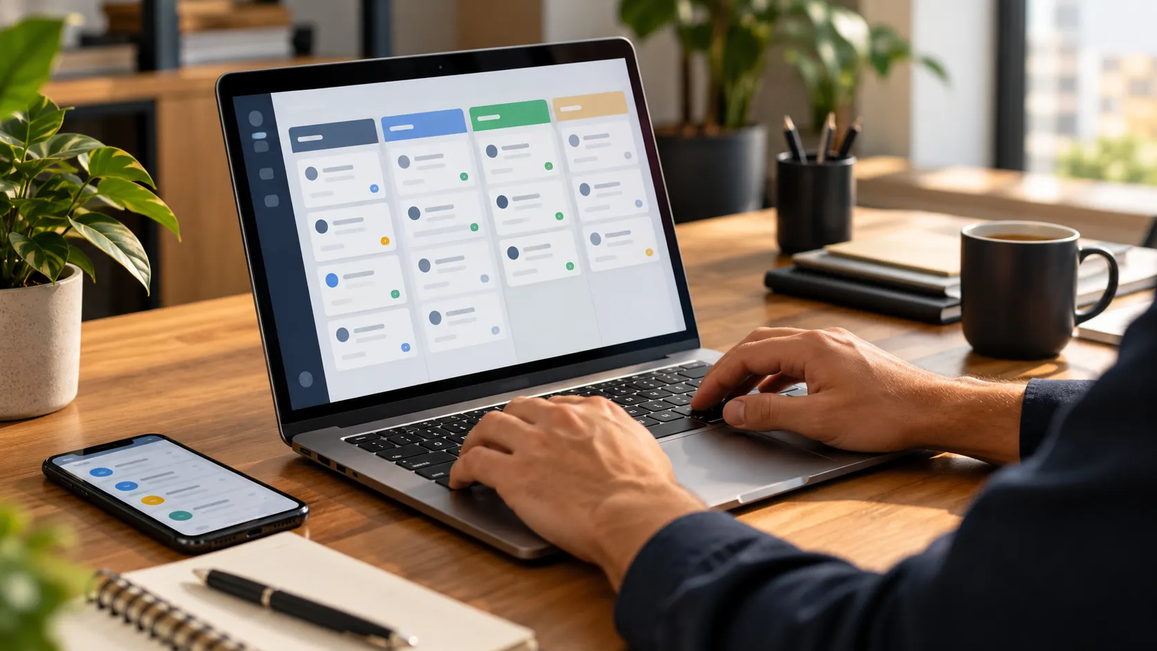 Profissional acompanhando oportunidades comerciais organizadas em um painel de CRM