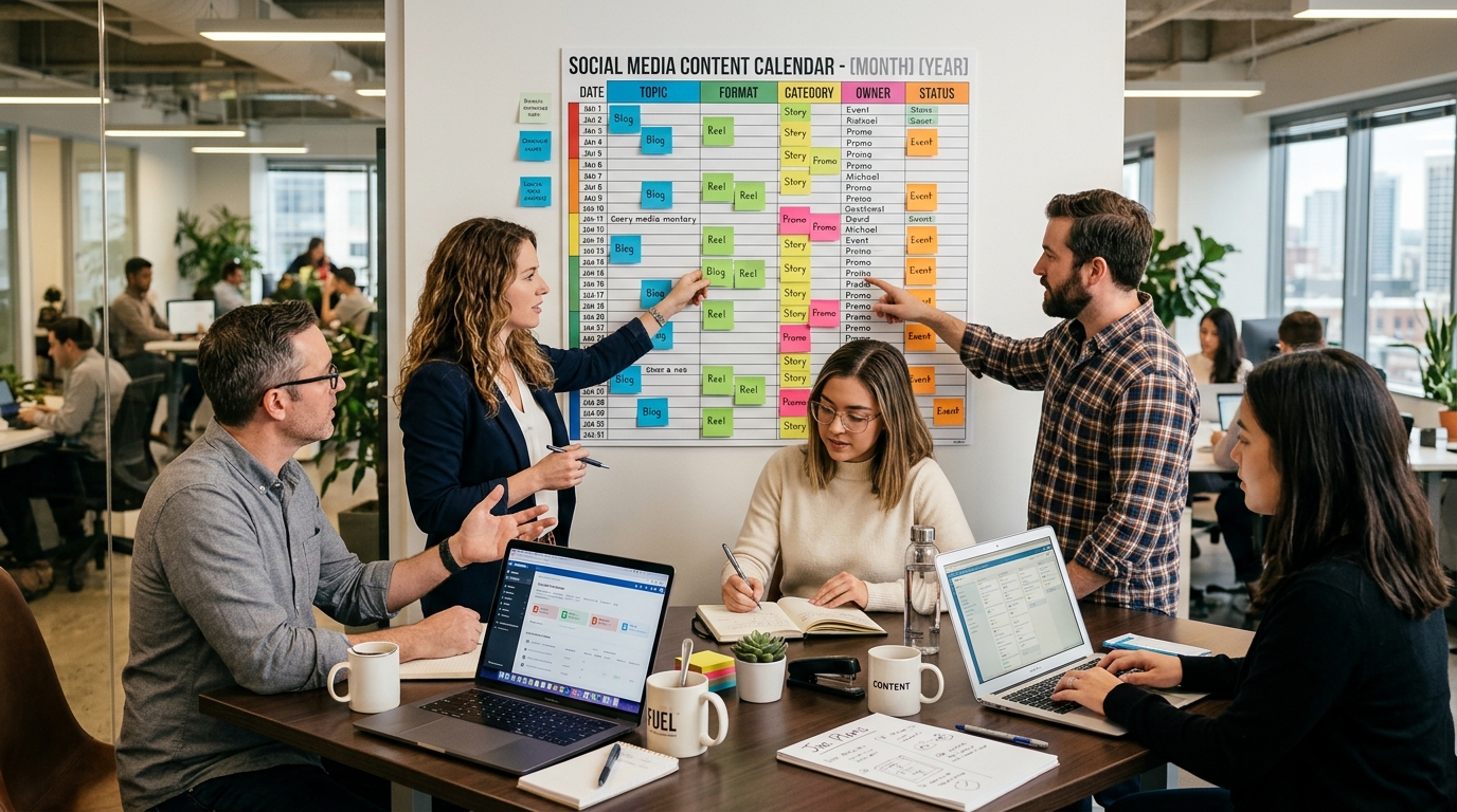 Equipe de marketing planejando conteúdo para redes sociais em quadro com post-its coloridos e calendário editorial