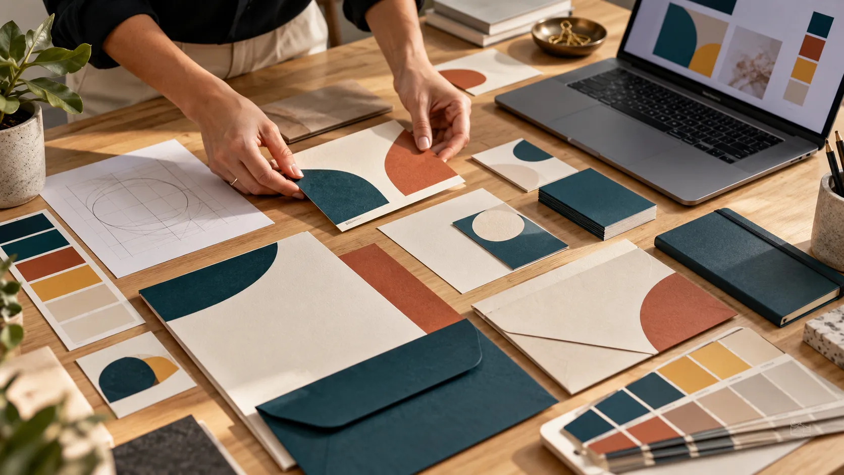 Designer organizando cores, papelaria e elementos de um sistema de identidade visual