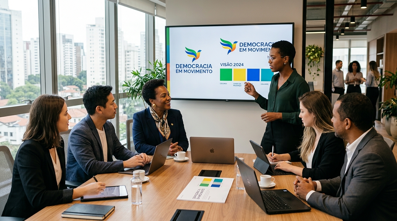 Equipe de comunicação política em reunião estratégica com candidato