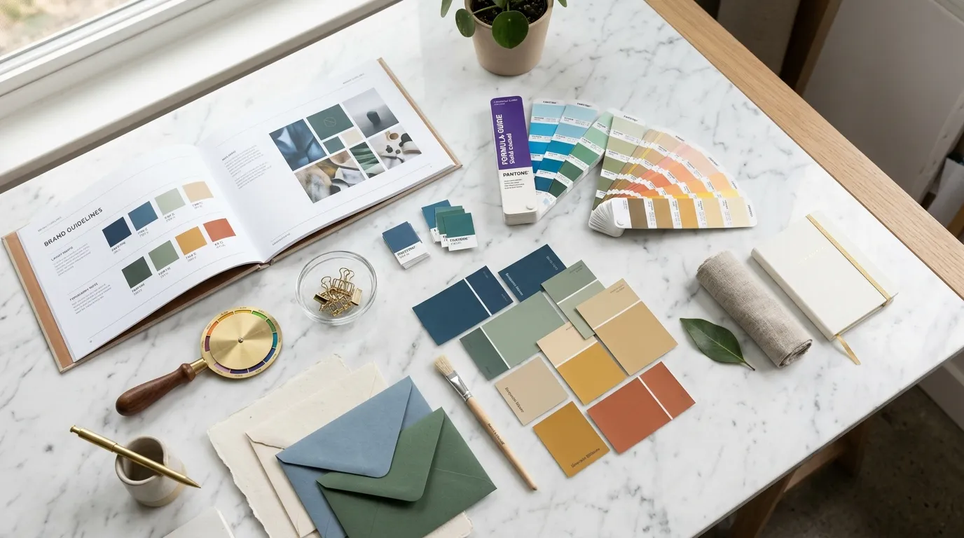 Paleta de cores profissional sobre mesa de designer com amostras Pantone e projeto de identidade visual