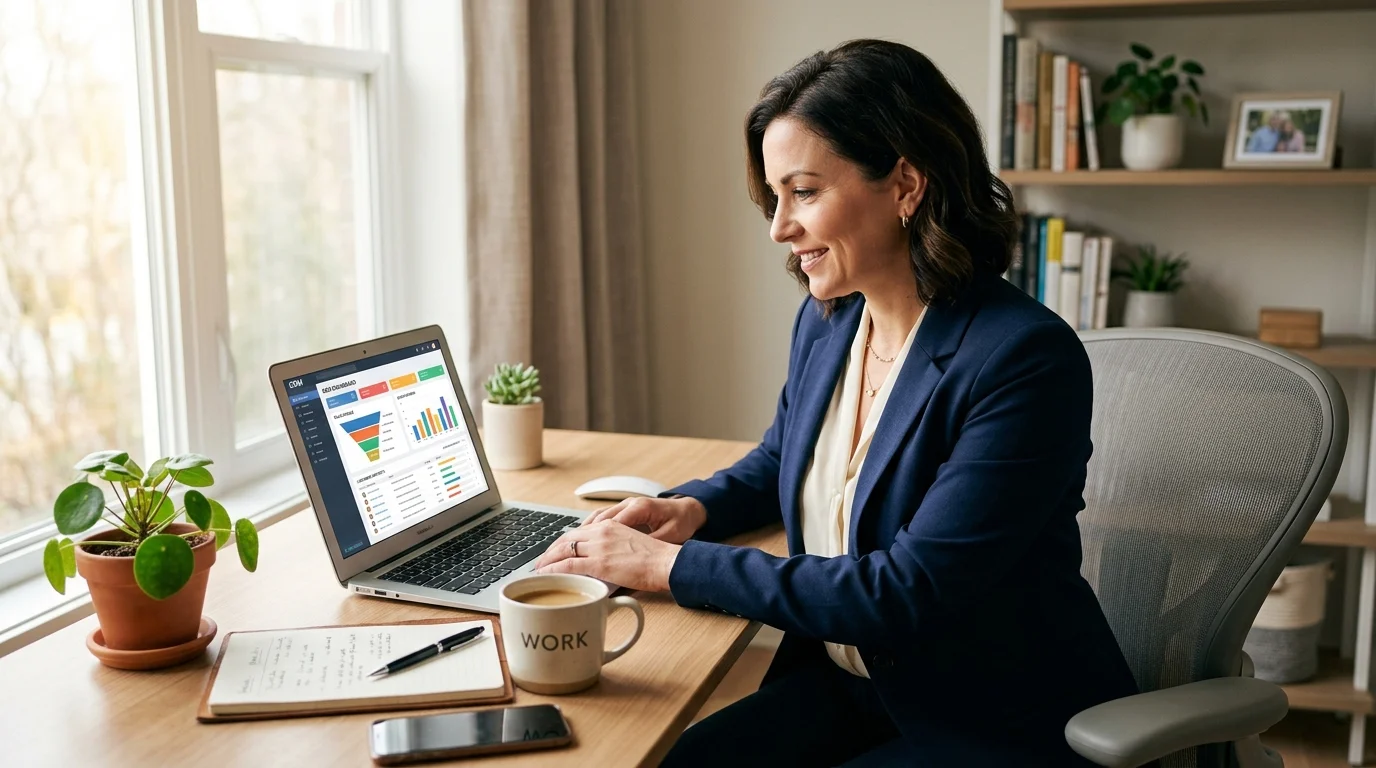 Empreendedor em escritório consultando tela de notebook com painel de CRM mostrando funil de vendas e contatos de clientes