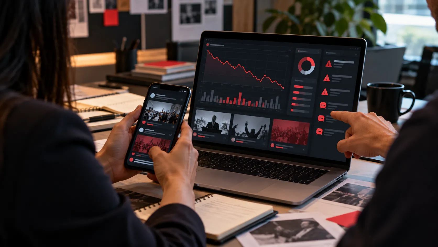 Equipe de comunicação política analisando alertas e queda de desempenho nas redes sociais
