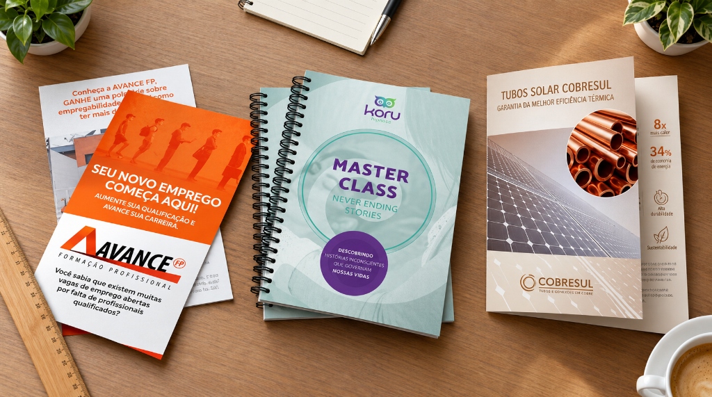 Mesa de escritório com três materiais gráficos reais: folder institucional com dobras, catálogo encadernado em espiral e flyer promocional