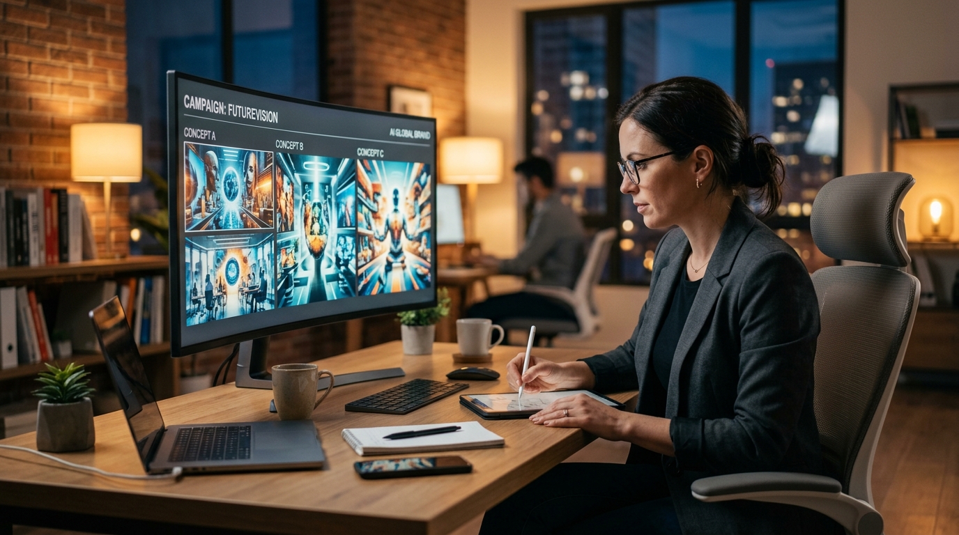 Diretora criativa revisando visuais de campanha gerados por IA em monitor