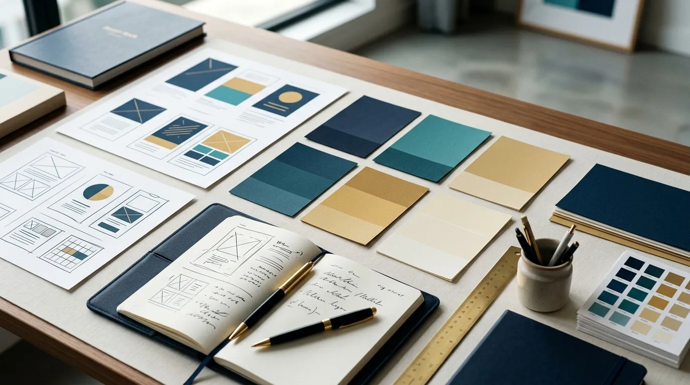 Mesa de trabalho de design com paletas de cores, guias visuais e esboços de campanha política