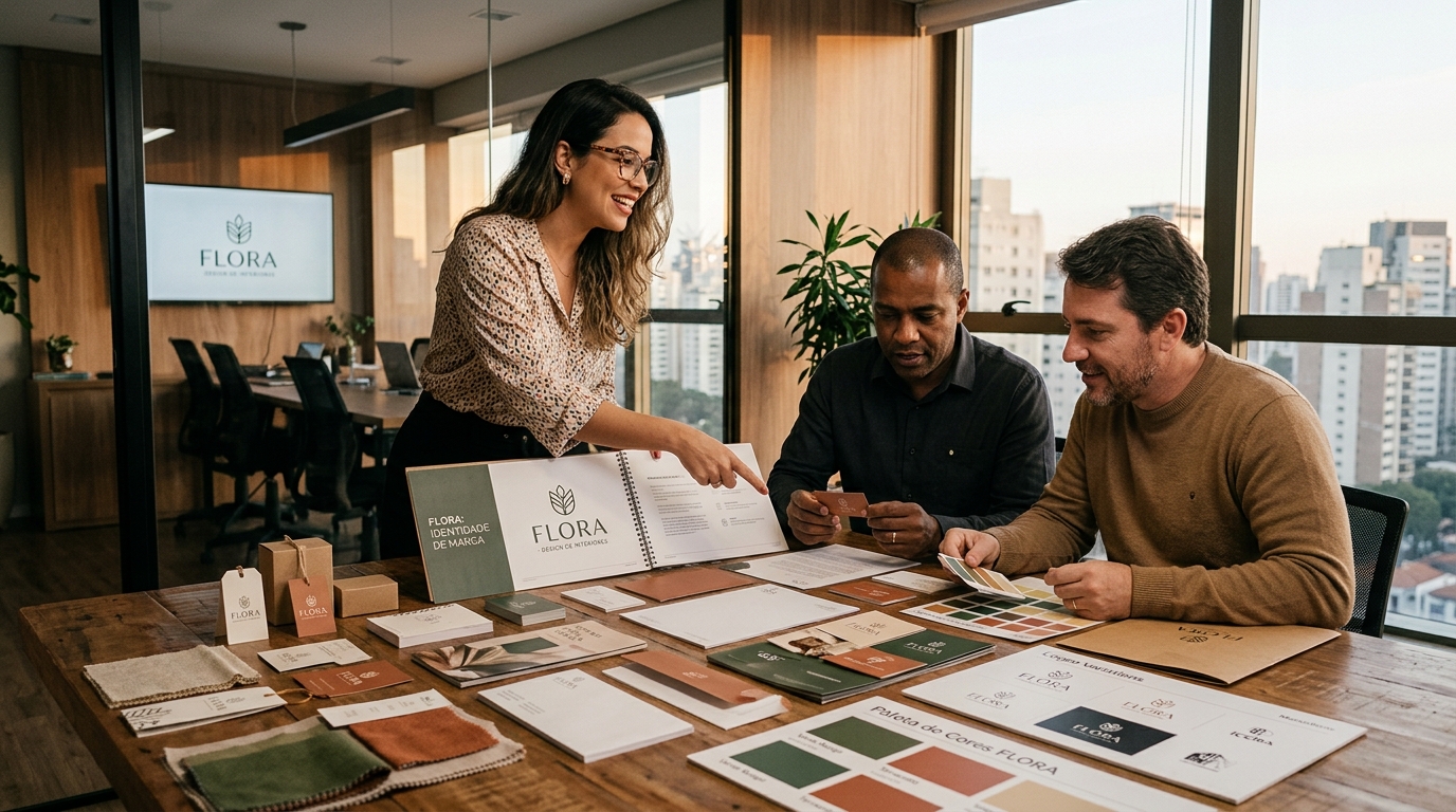 Designer apresentando sistema de identidade visual completa para empresário