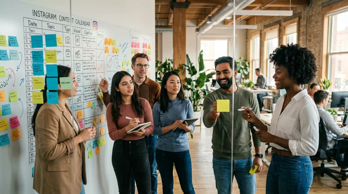 Equipe de marketing planejando conteúdo para Instagram em quadro branco