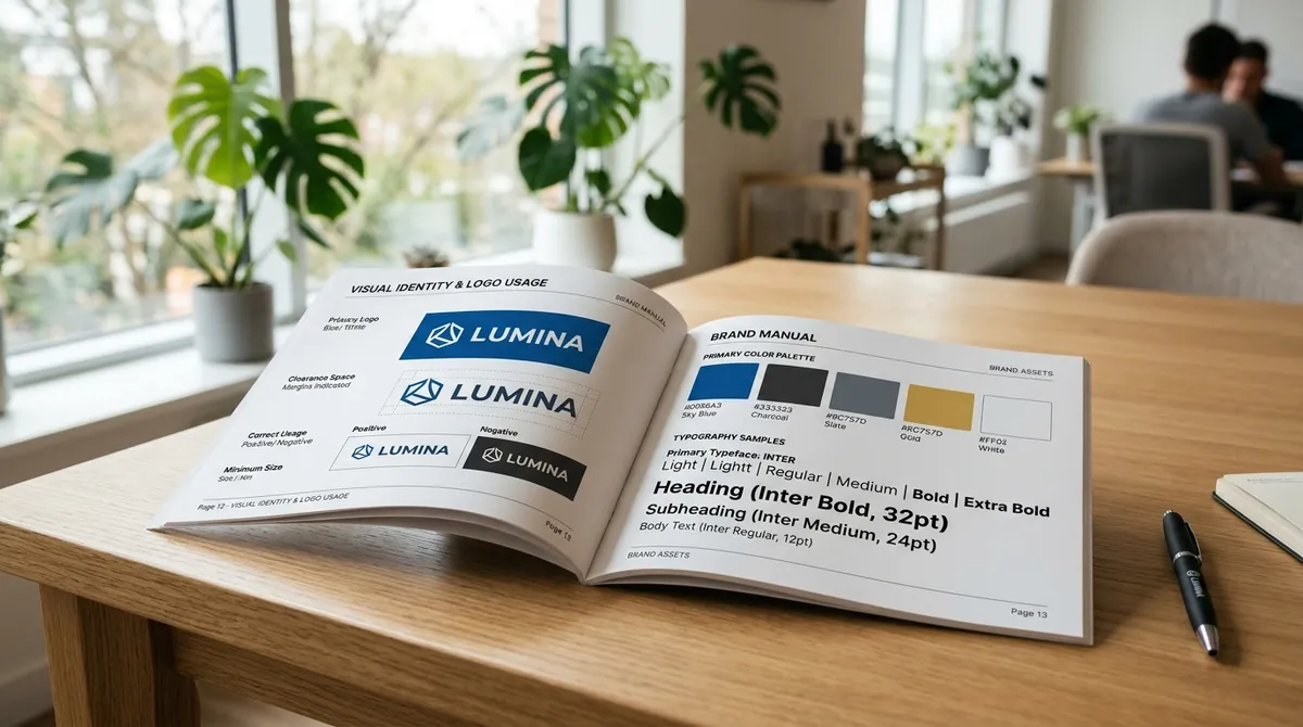 Manual de marca aberto sobre mesa de escritório mostrando paleta de cores, tipografia e regras de uso do logotipo