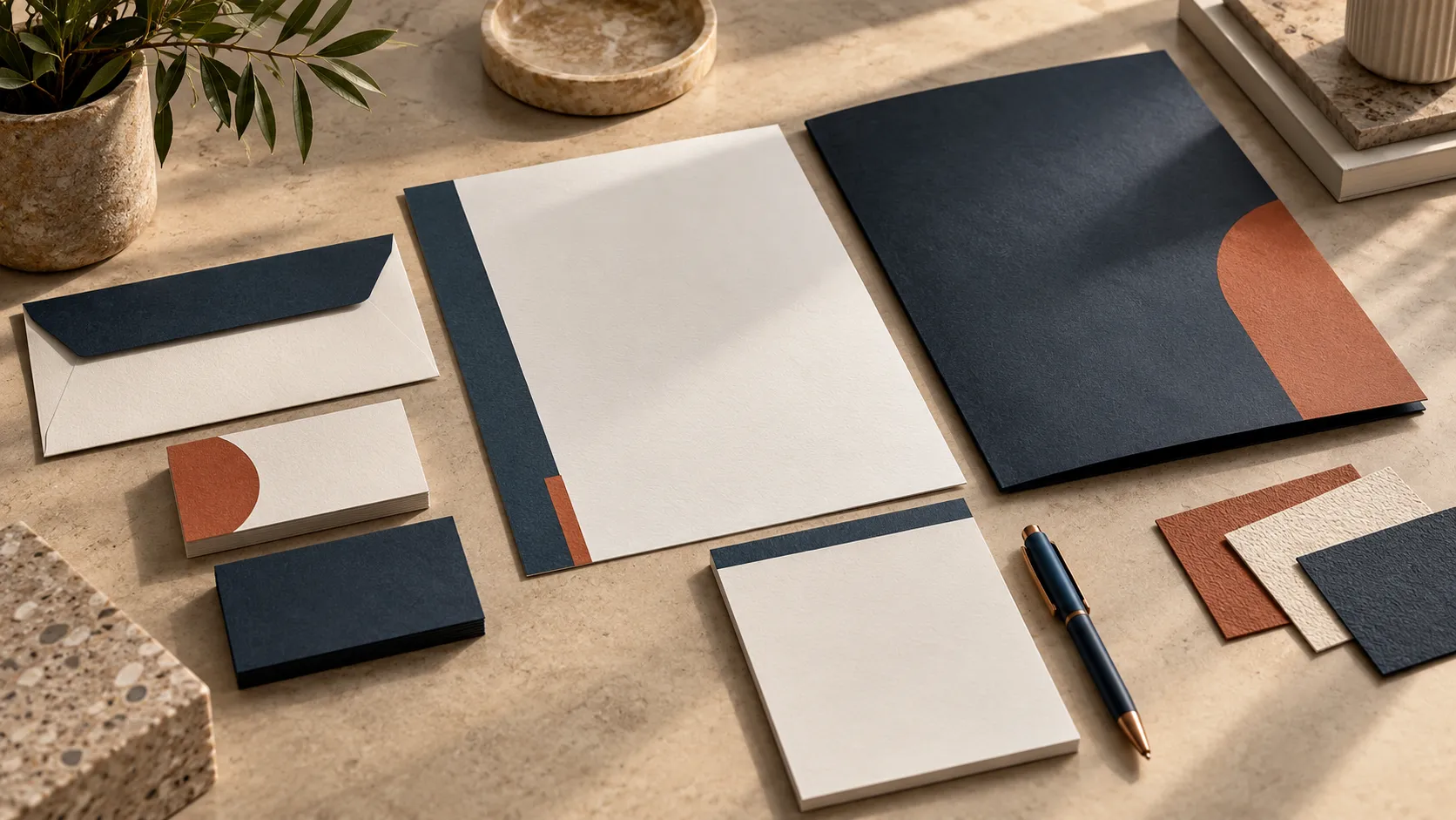Conjunto de papelaria empresarial com cartão, papel timbrado, envelope, pasta e bloco sobre uma mesa