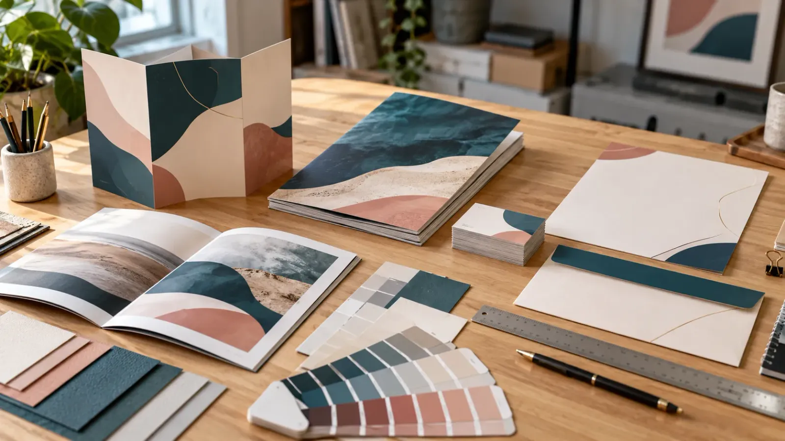 Mesa de estúdio com folder, catálogo, papelaria corporativa, amostras de papel e guia de cores