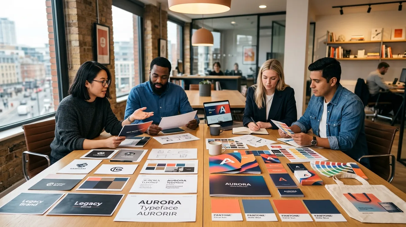 Equipe de branding revisando materiais de identidade visual antiga e nova sobre mesa de reunião