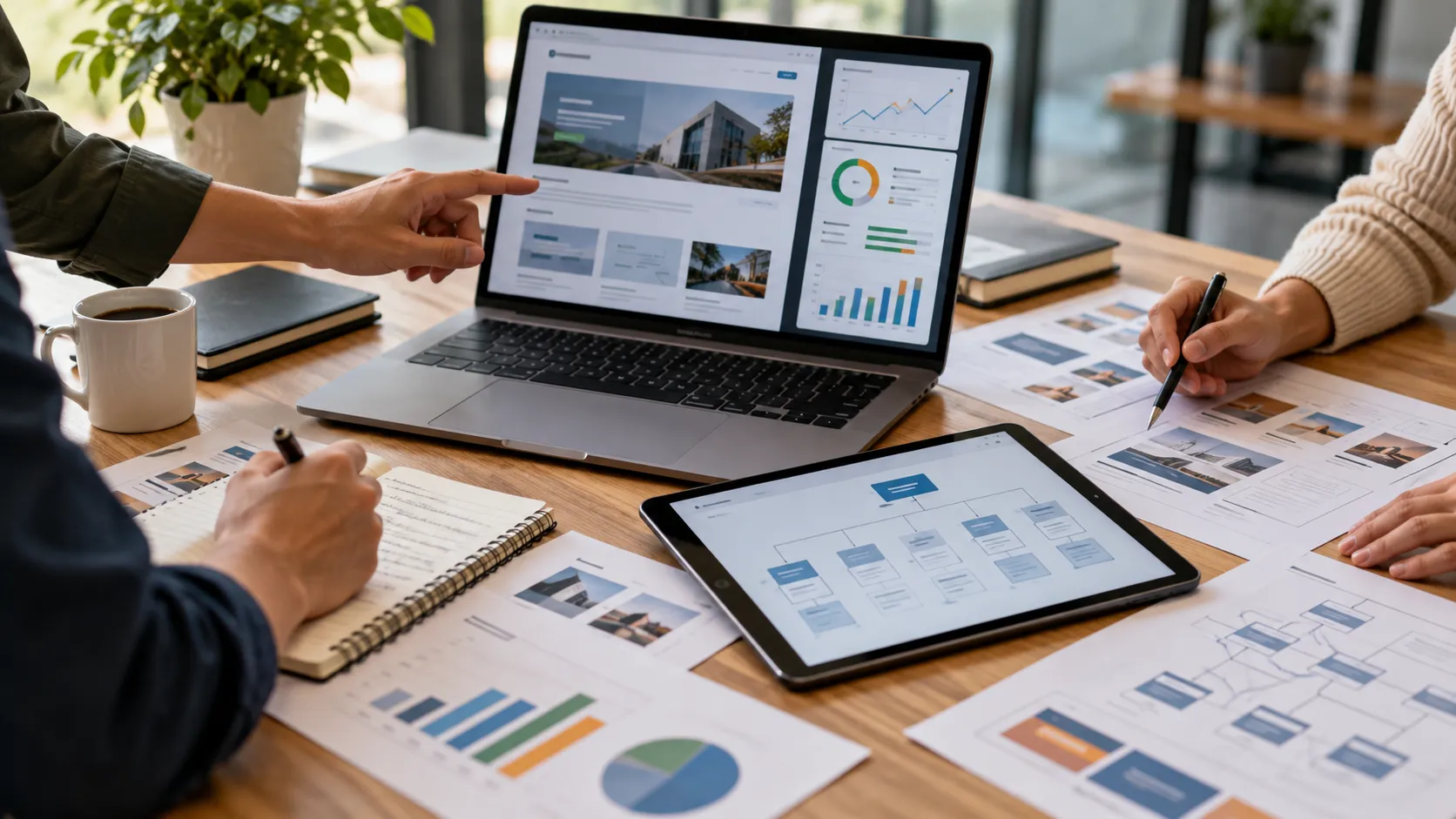 Equipe analisando estrutura, conteúdo e desempenho de um site corporativo