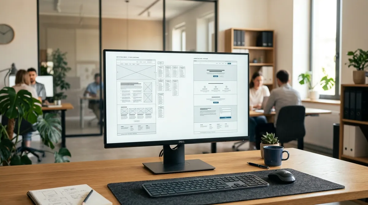 Tela de computador mostrando wireframes de site institucional e landing page lado a lado