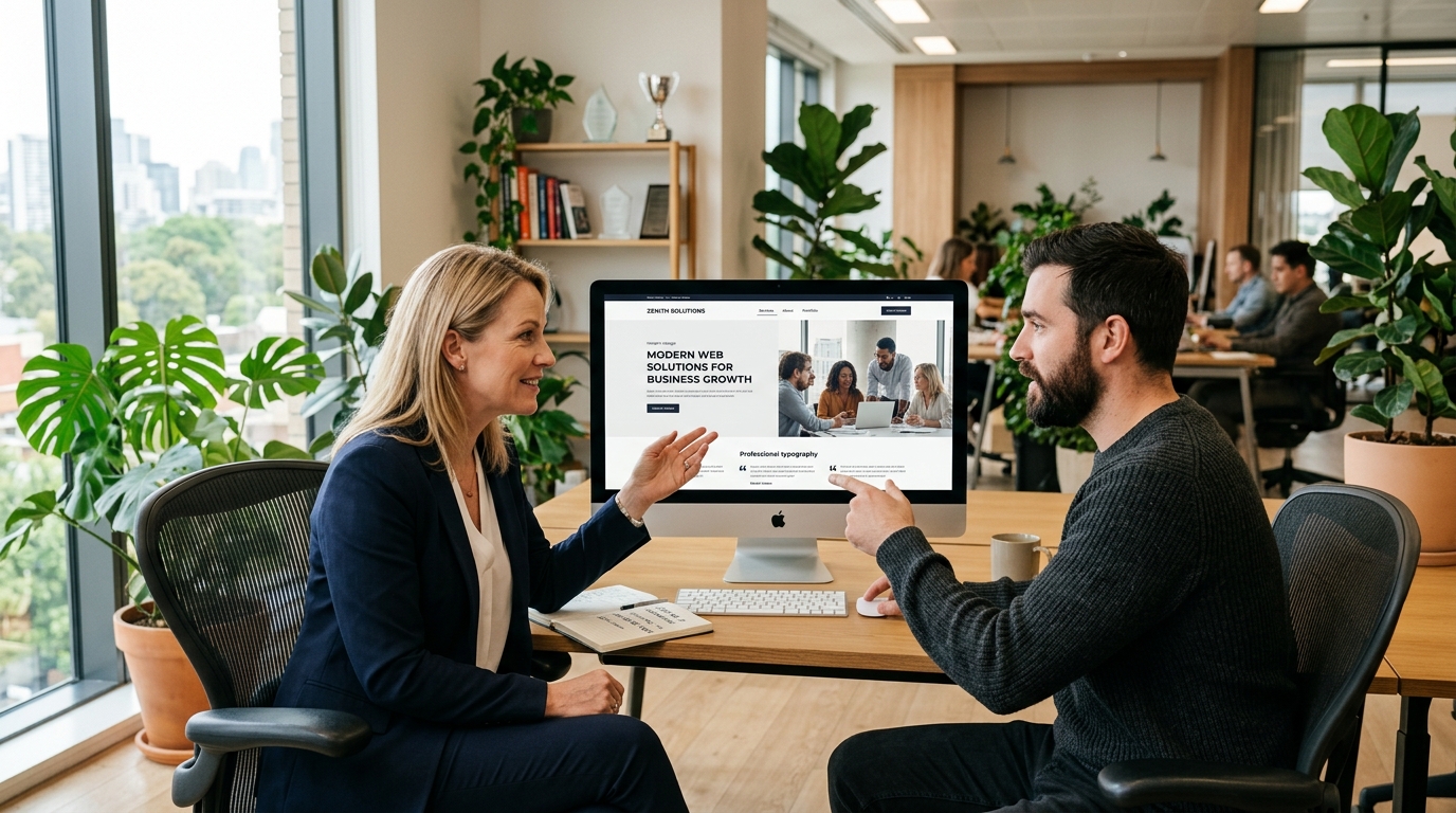 Empresária e desenvolvedor revisando site profissional em agência