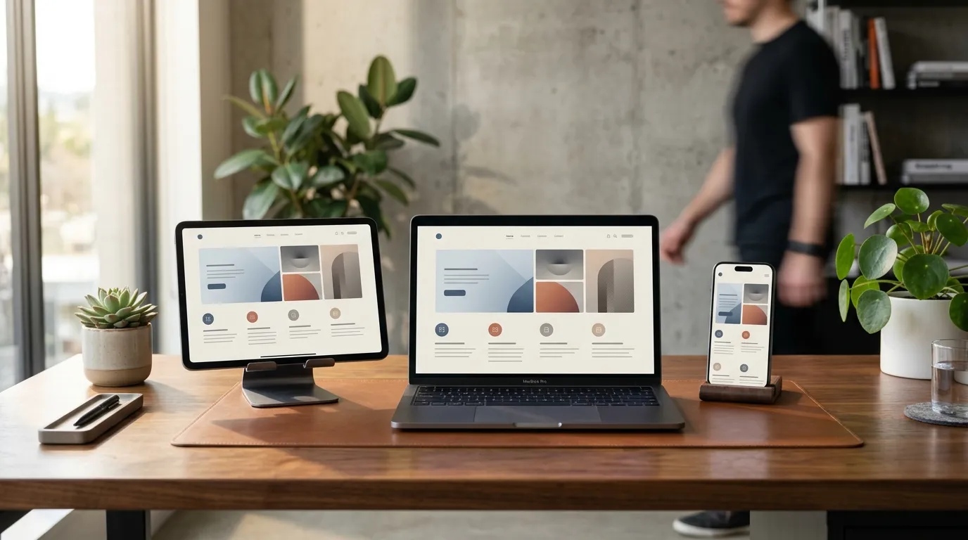 Mesa de trabalho com laptop, tablet e celular exibindo layout adaptado para cada tela