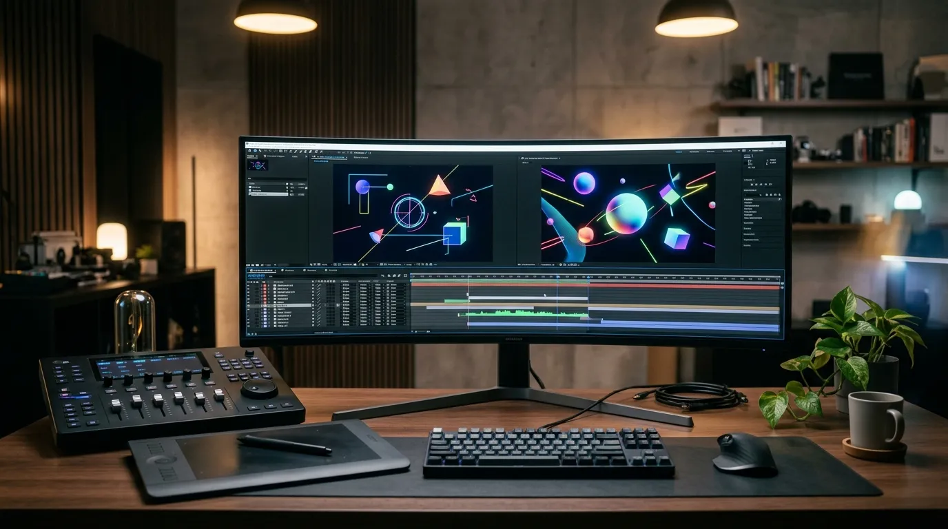 Estação de trabalho moderna de motion design com monitor ultrawide exibindo linha do tempo de animação e mesa digitalizadora